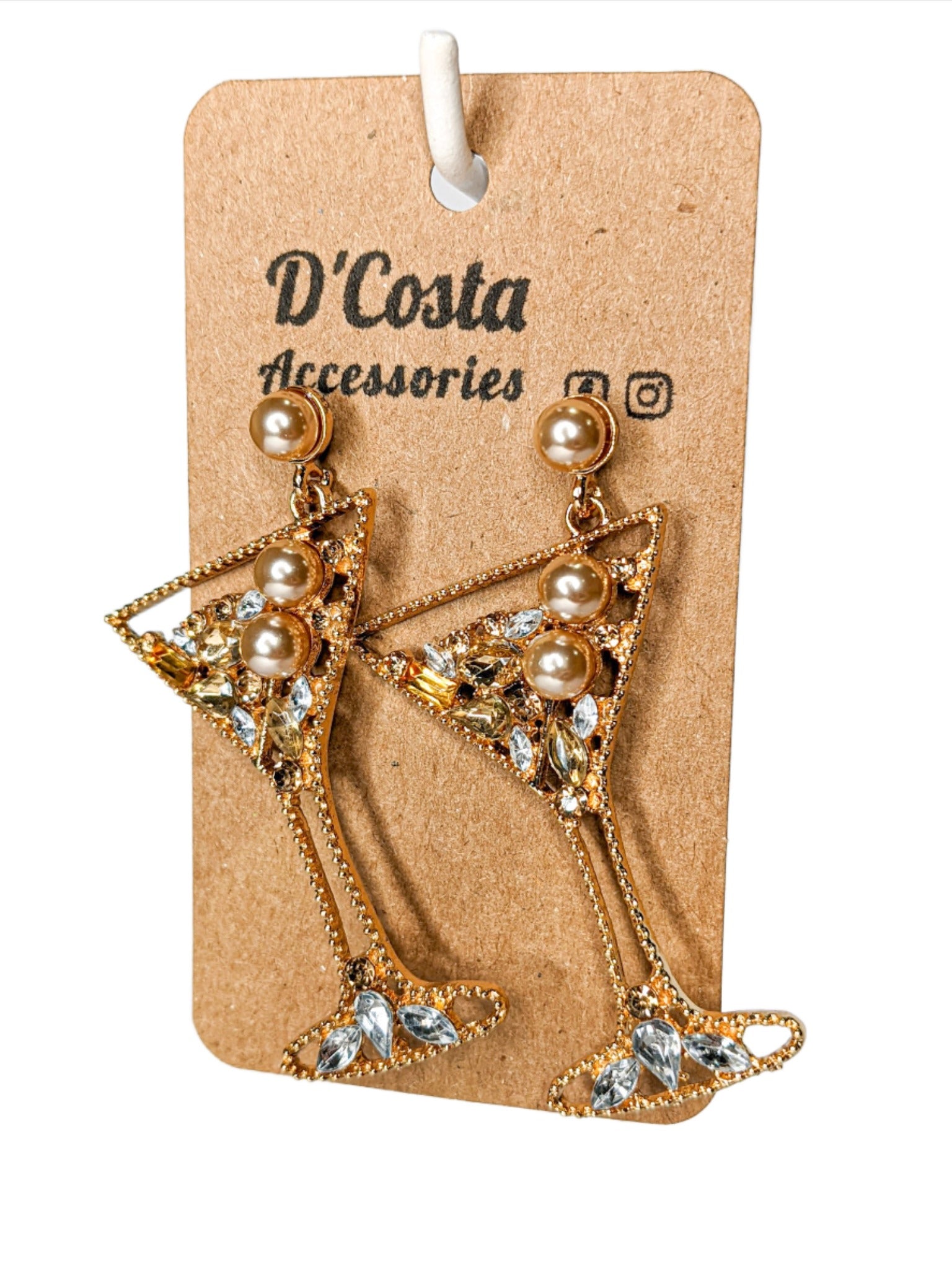 Statement martini earrings with golden tones, diamantes and golden pearls