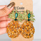 Large yellow and green diamante rhinestone  statement pineapple earrings. Perfect for summer parties