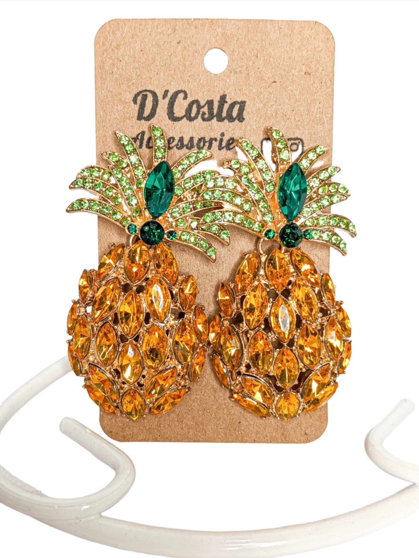 Large yellow and green diamante rhinestone  statement pineapple earrings. Perfect for summer parties