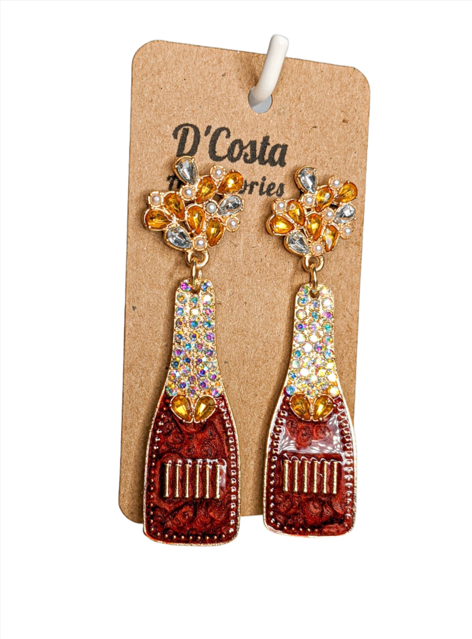 Red, yellow and gold coloured rhinestone diamante champagne bottle statement earrings. Encrusted with pearlescent diamantes