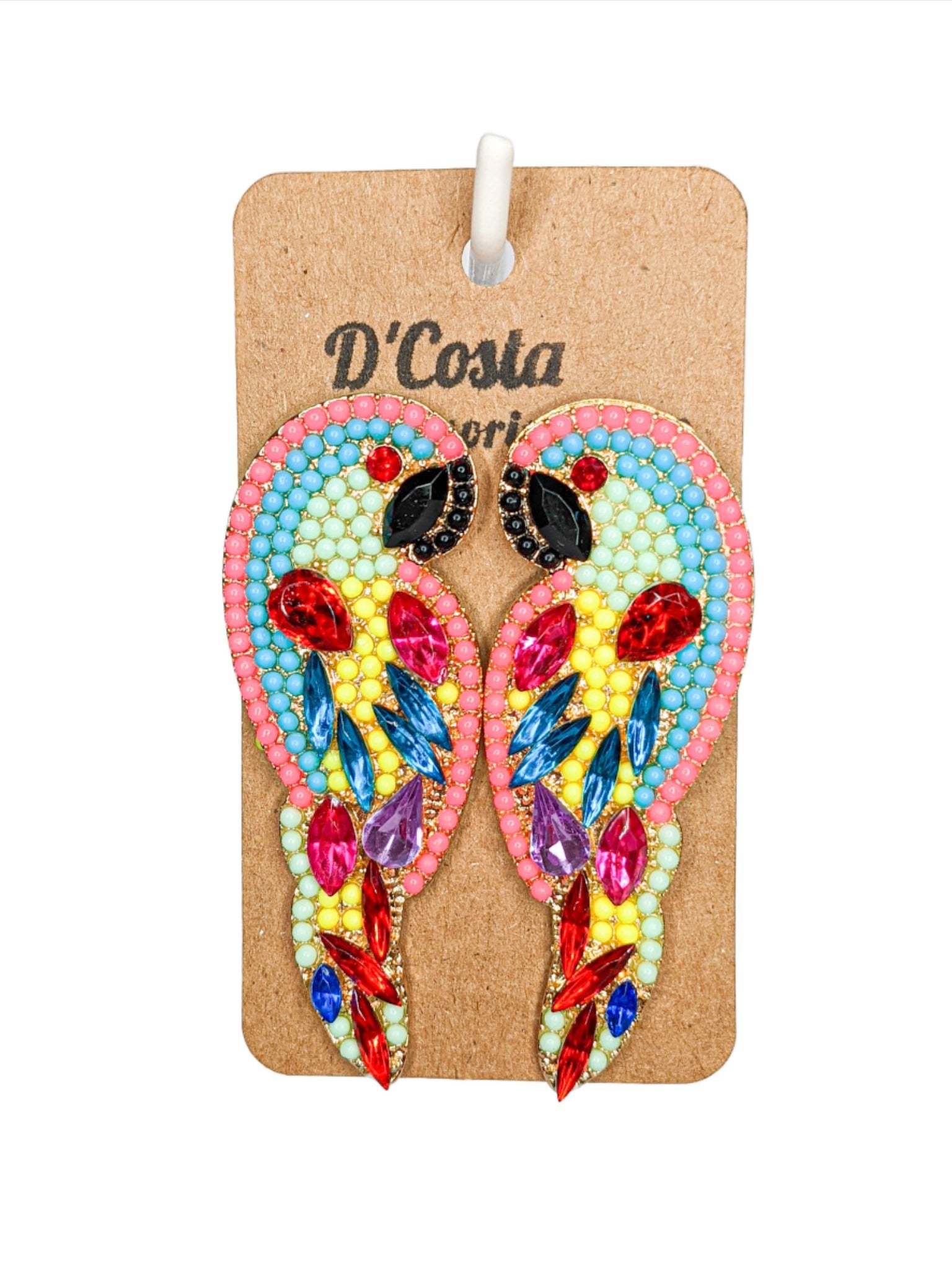 Multi coloured ( pink, blue, green, red, yellow, black, purple) jeweled diamante rhinestone parrot bird earrings