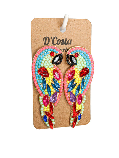 Multi coloured ( pink, blue, green, red, yellow, black, purple) jeweled diamante rhinestone parrot bird earrings