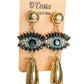 Large statement evil eye drop earrings, with black, blue and white diamantes and gold tones.