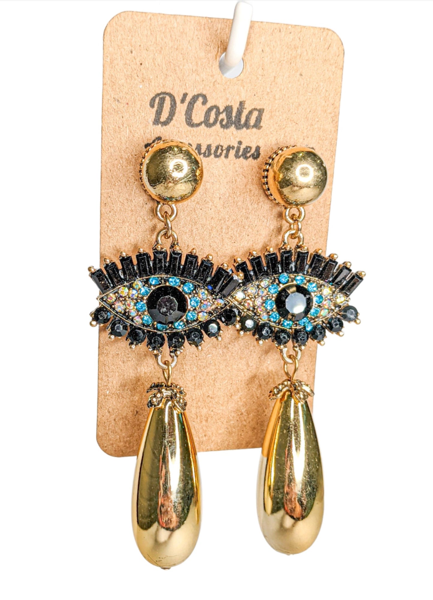 Large statement evil eye drop earrings, with black, blue and white diamantes and gold tones.