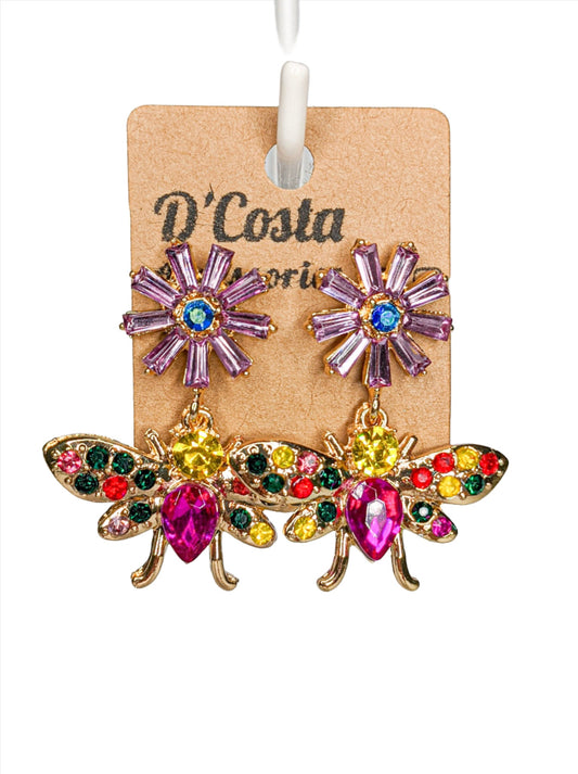 Statement bee and flower dangle earrings encrusted with colourful diamantes