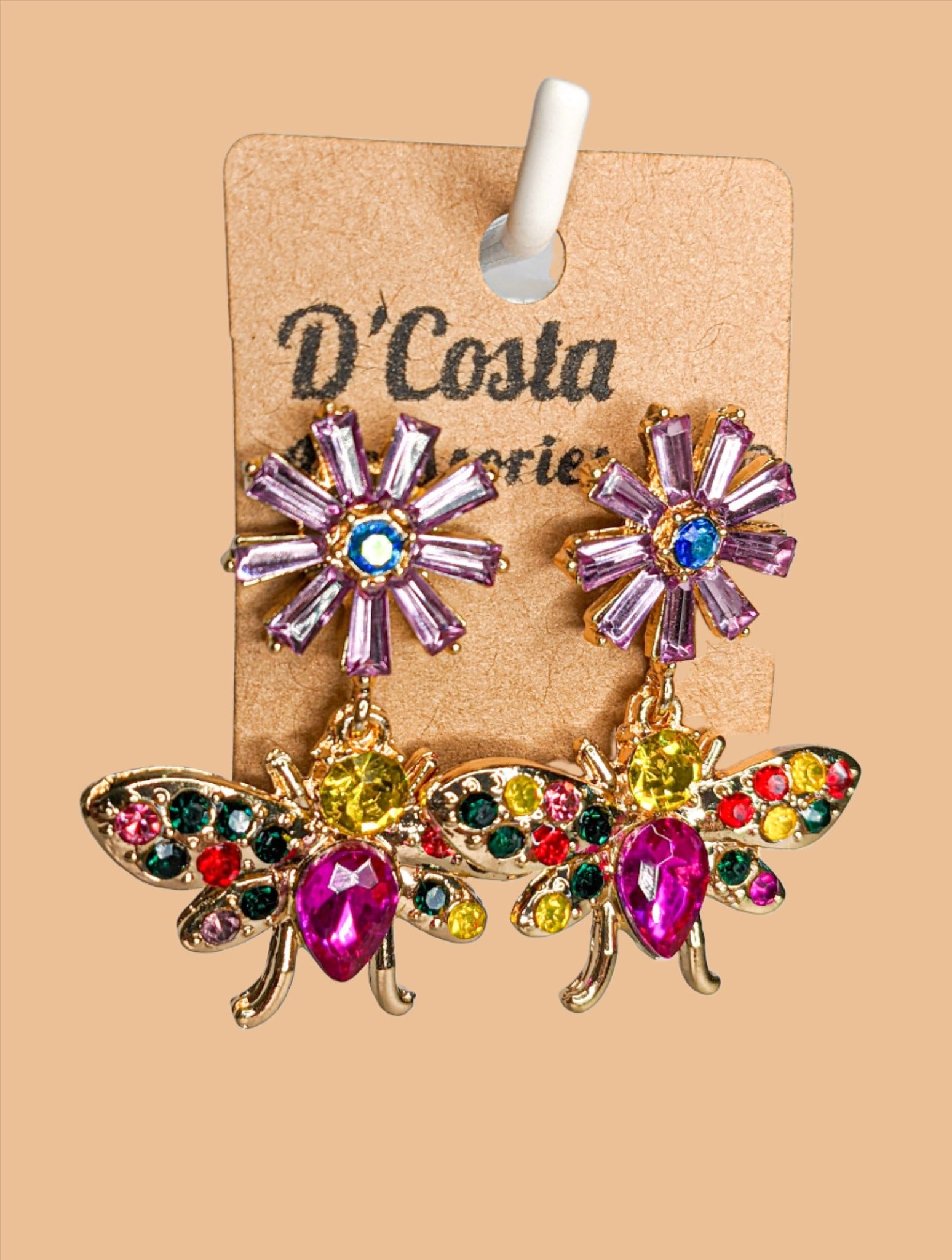 Statement bee and flower dangle earrings encrusted with colourful diamantes