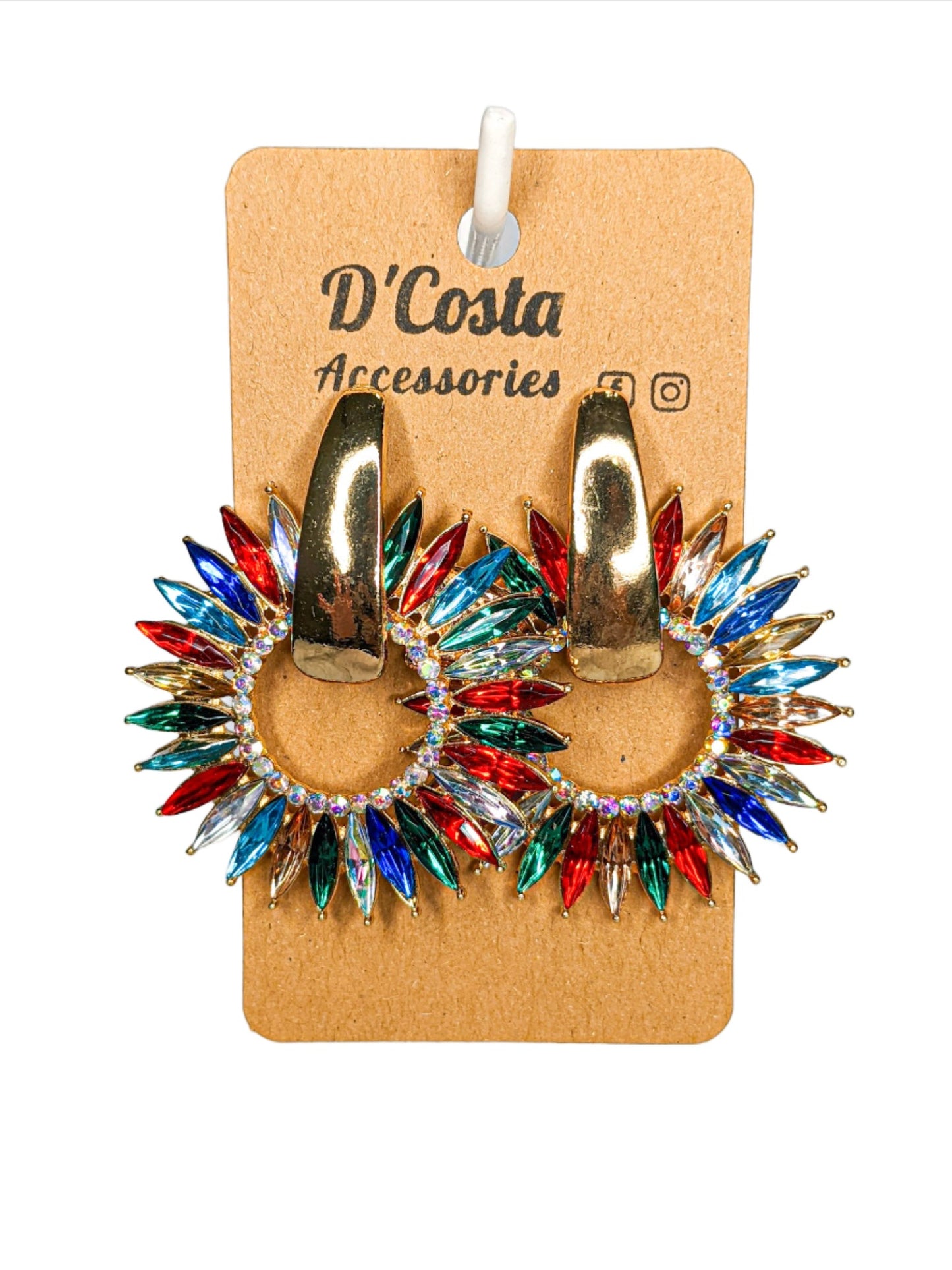 Multi-colour and gold coloured navette diamante rhinestone statement earrings. Perfect for parties and formals