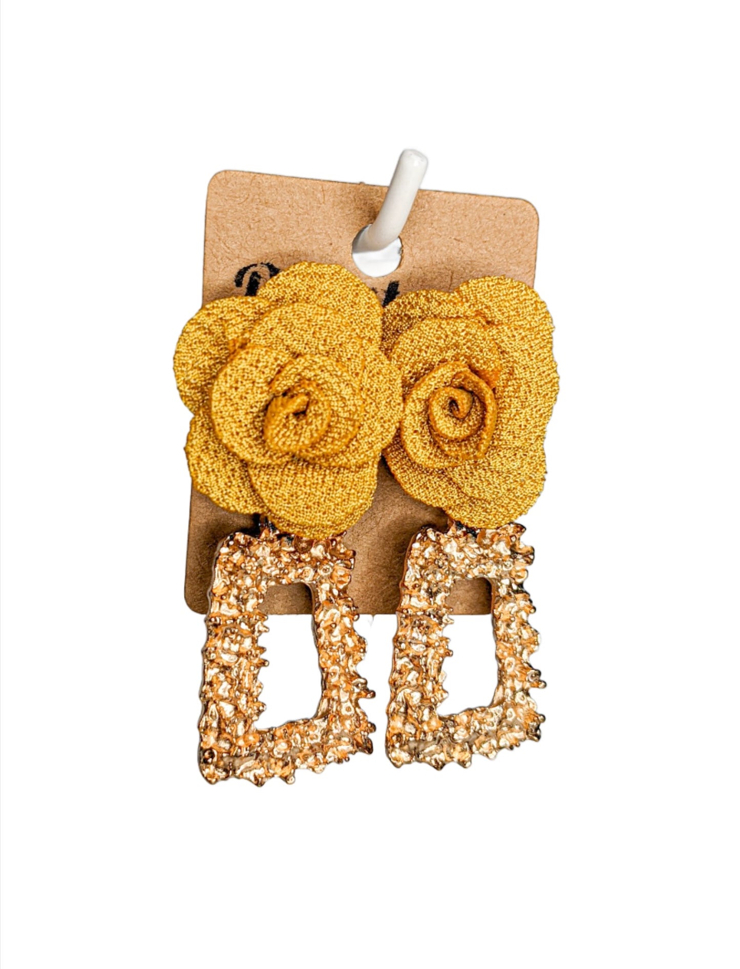 Gold coloured rectangular geometric drop earrings featuring a large yellow fabric flower