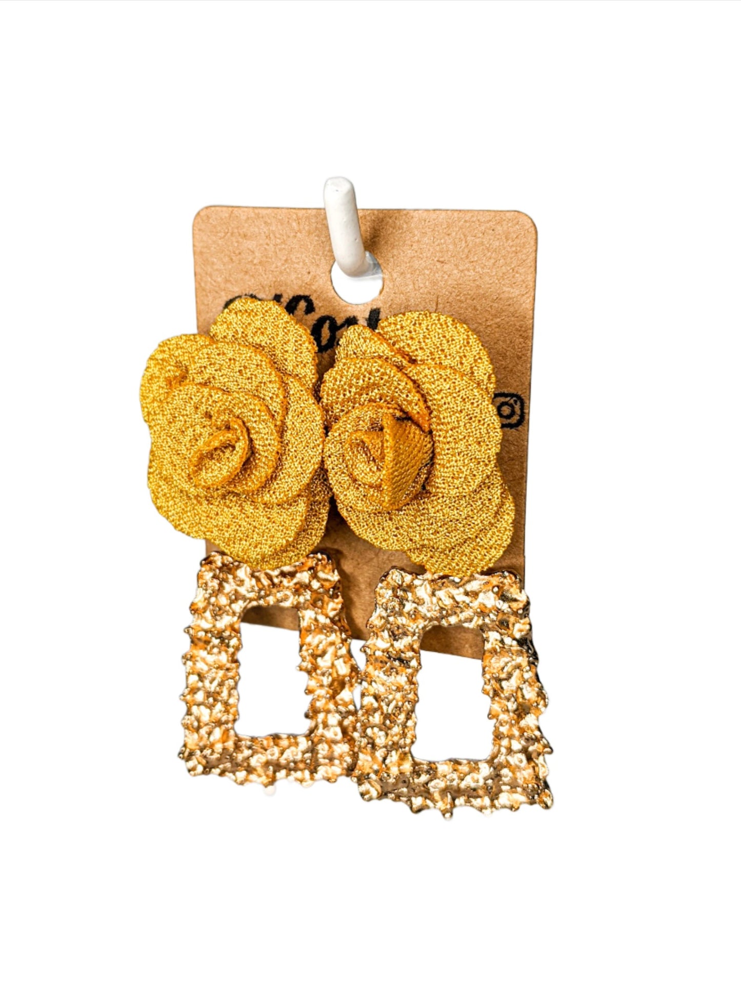 Gold coloured rectangular geometric drop earrings featuring a large yellow fabric flower