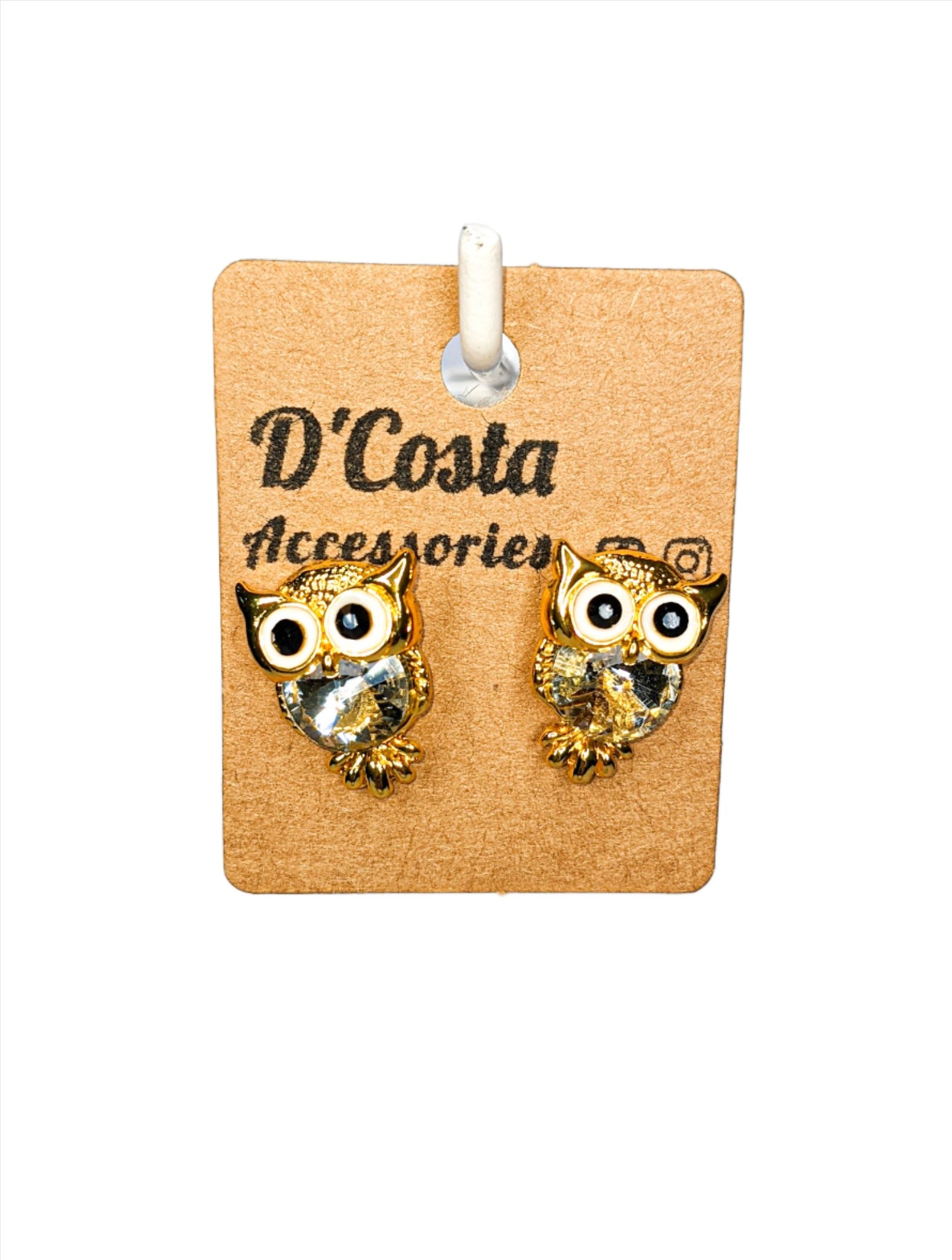 Small diamante gold coloured owl stud earrings with big eyes