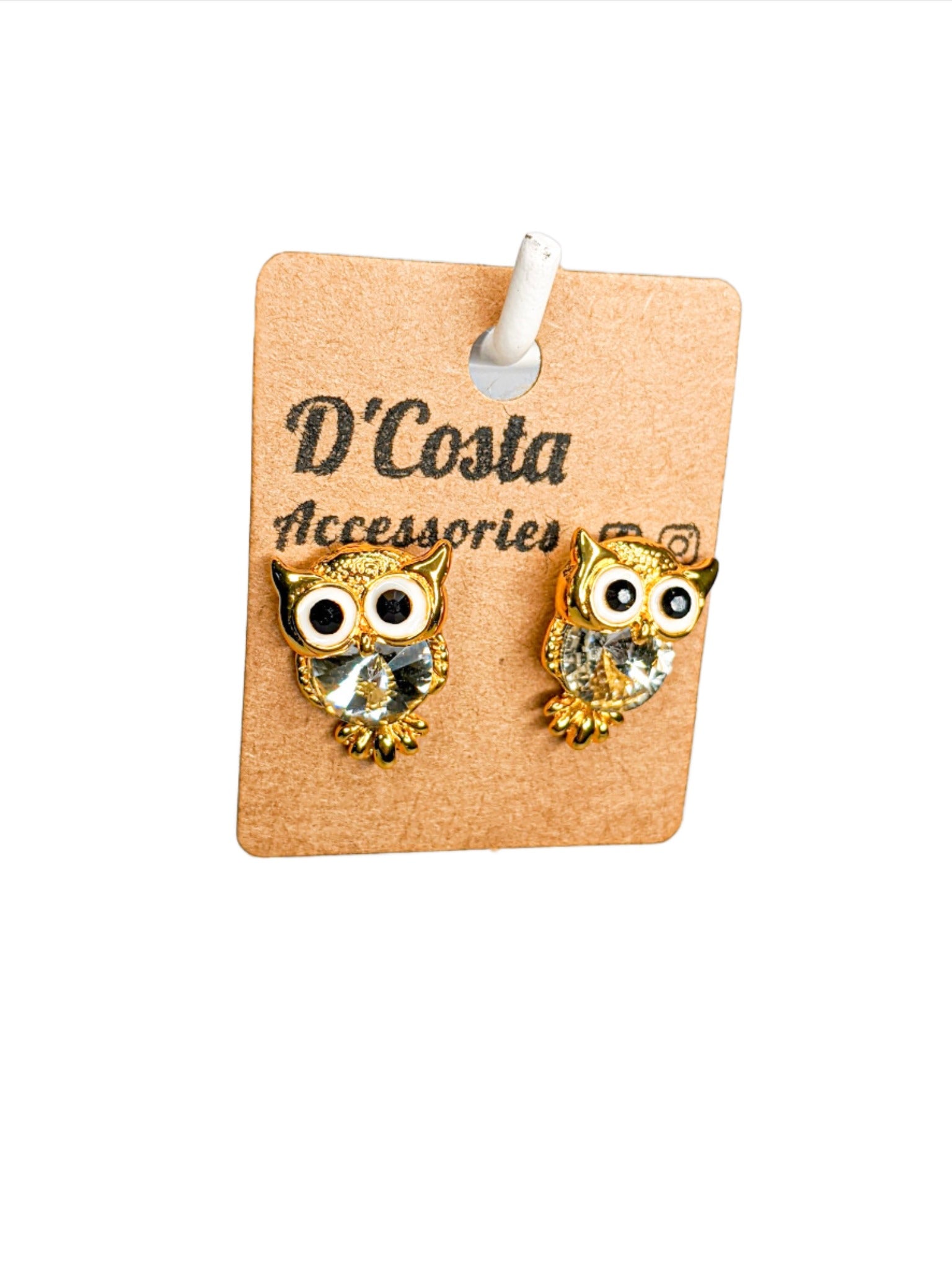 Small diamante gold coloured owl stud earrings with big eyes