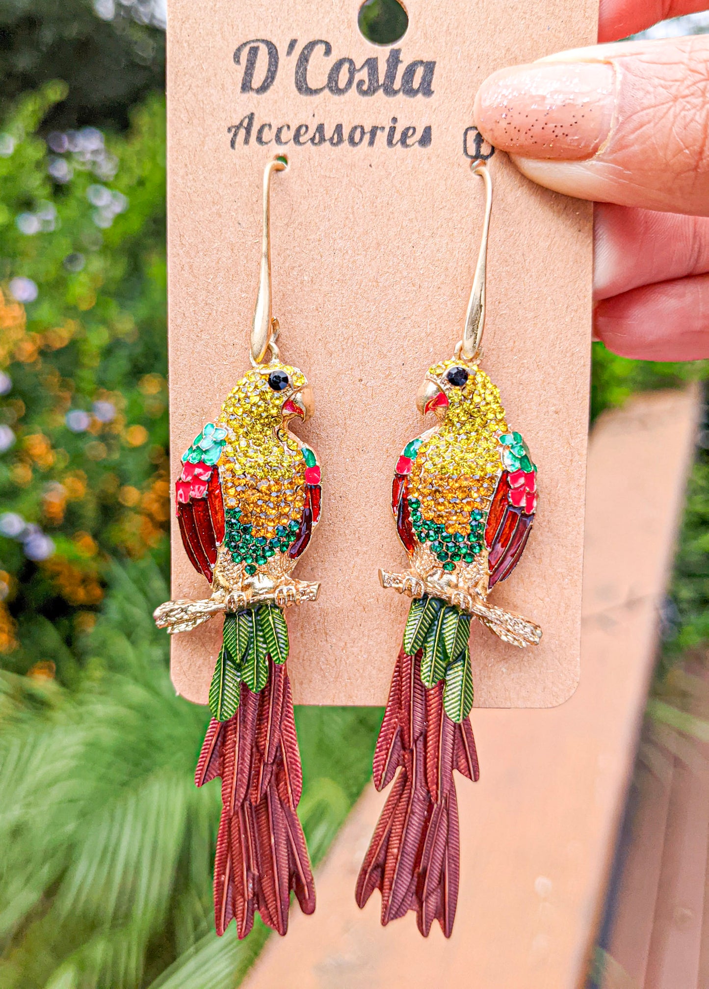 Coloured metal and diamante rhinestone bird parrot drop statement earrings