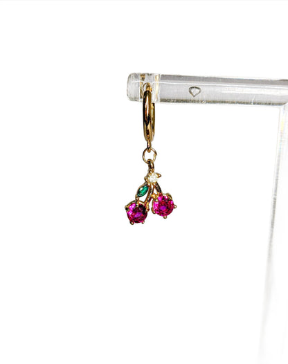 Diamante Cherry Huggie Earring with Red Cherry and Green Diamante Leaf