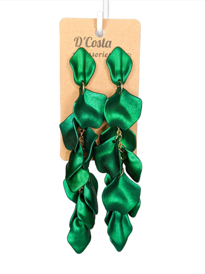 Green Petal Statement Earrings – Gold-Tone and Green Floral Dangle Earrings