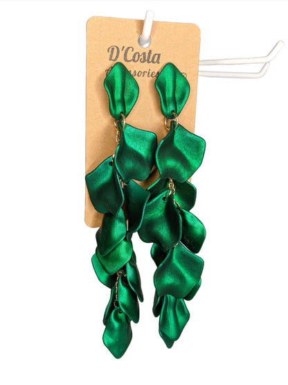 Green Petal Statement Earrings – Gold-Tone and Green Floral Dangle Earrings