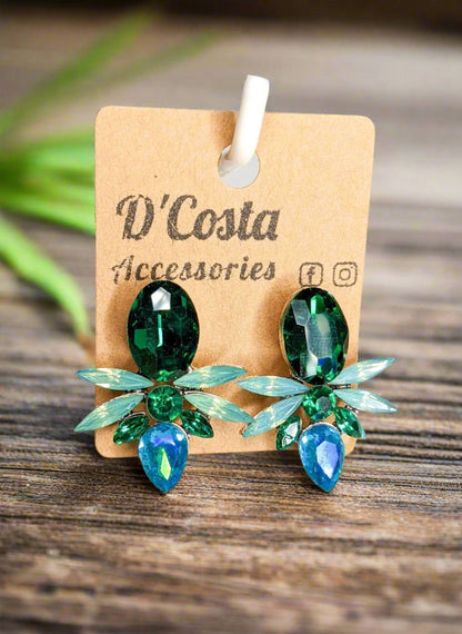 Bold green and blue diamante cluster statement earrings for women.