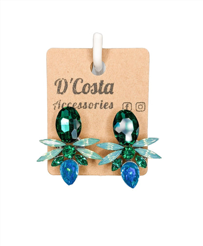 Bold green and blue diamante cluster statement earrings for women.