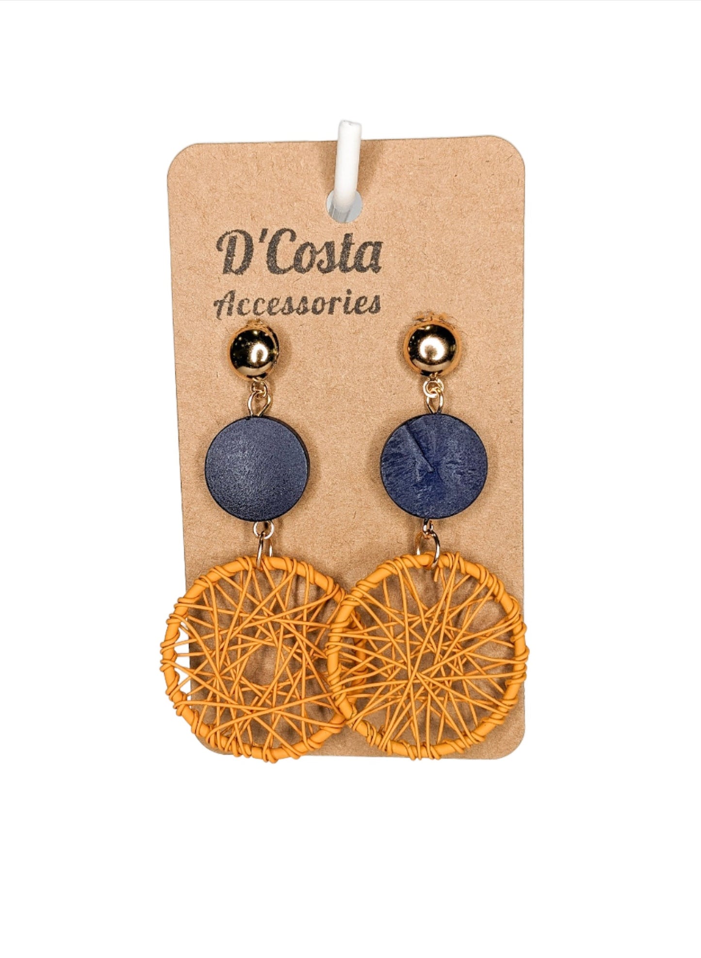 Dark Yellow and Blue Wooden Woven Drop Earrings