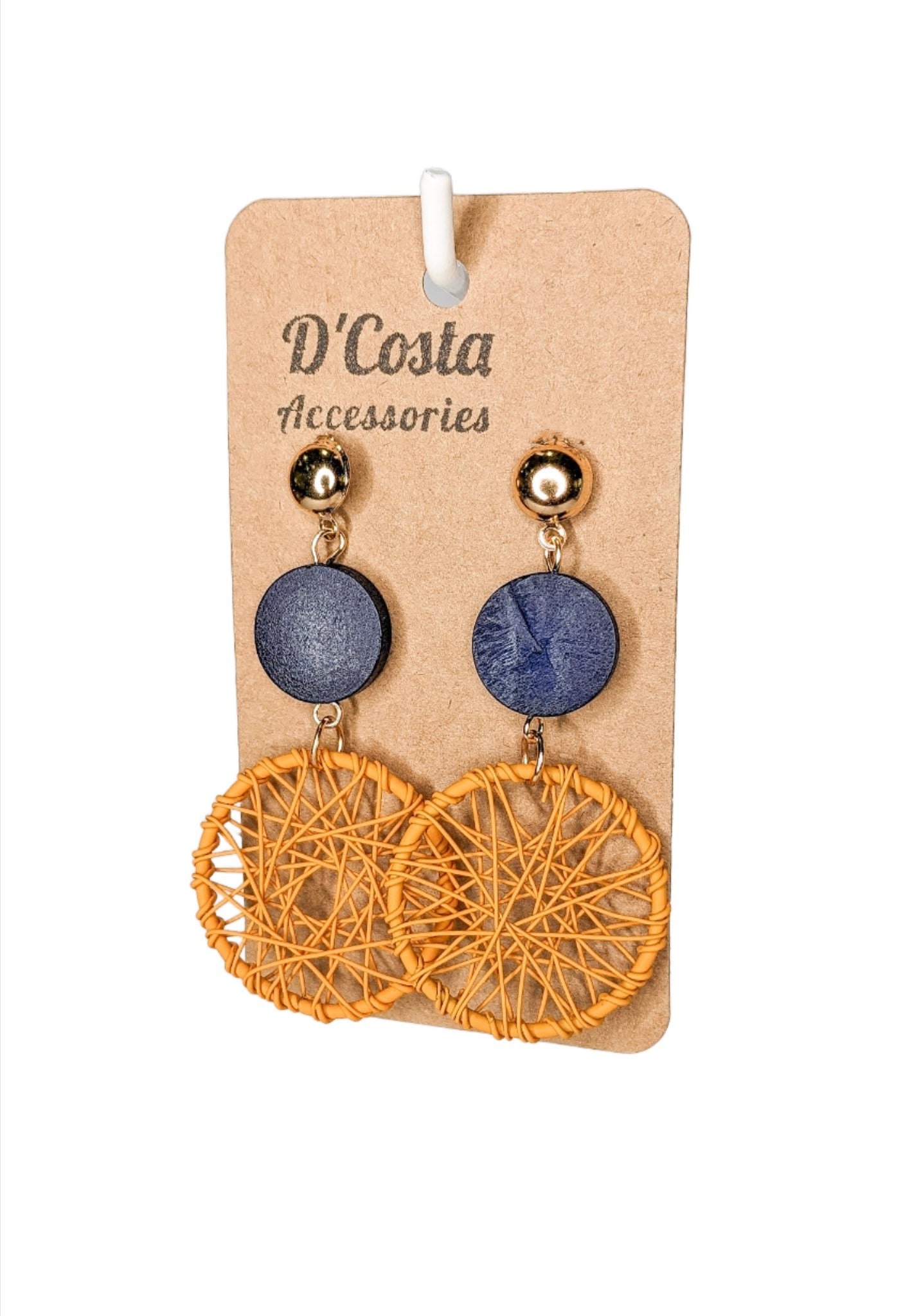 Dark Yellow and Blue Wooden Woven Drop Earrings